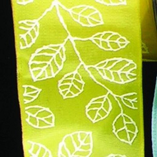 Yellow Taffeta with White Leaf Print Wired Craft Ribbon 1.5
