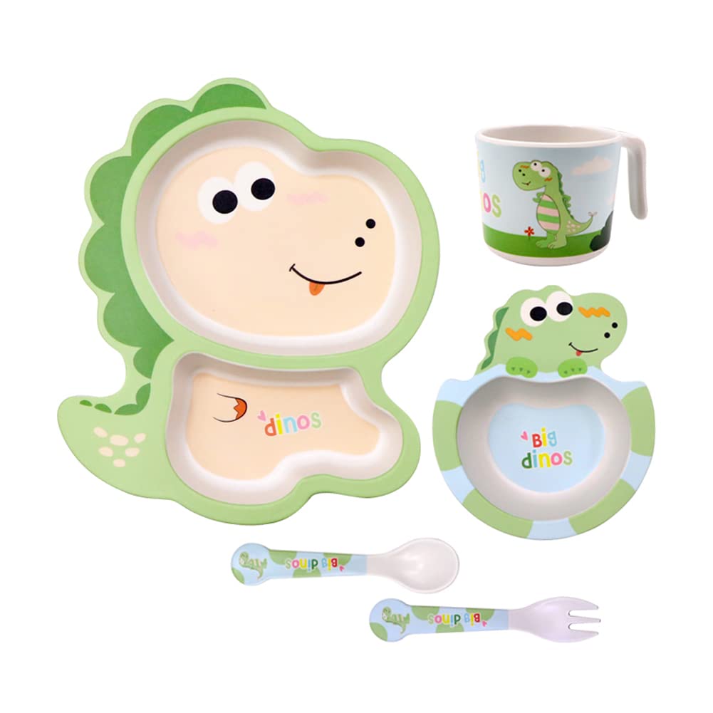 Photo 1 of Fekdod Bamboo Kids Dinnerware Set  Includes Plate Bowl Cup Fork Spoon Perfect for Kids BPA-Free (Little Dinosaur)