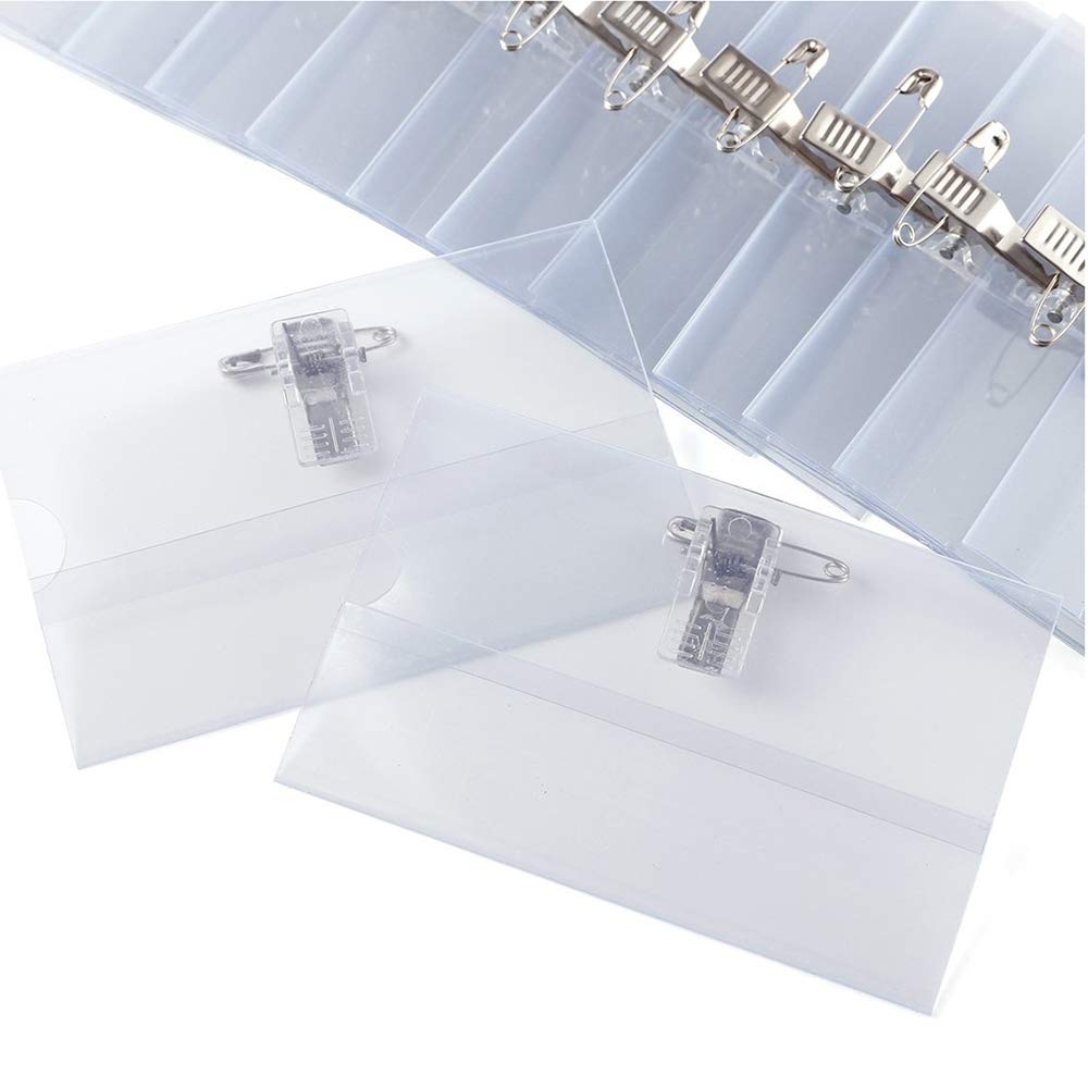Plastic Name Badge Holders Transparent Horizontal Name Tag Badge ID Card Holders with Crocodile Clip & Safety Pin, 9cmX5.5cm (Pack of 50)
