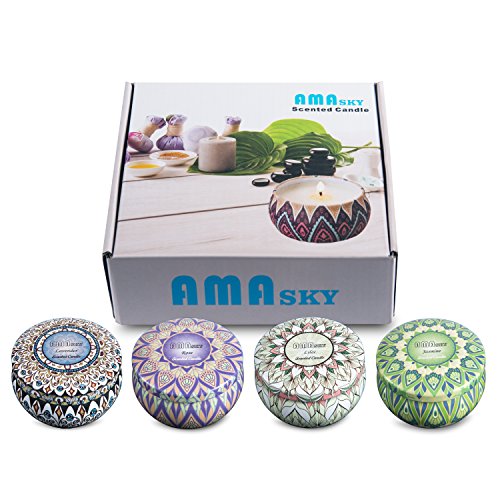 AMASKY Scented Candles for Stress Relief and Aromatherapy,Weddings,Travel Tin, Made of Natural Soy Wax,4 Fragrances-Lavender,Rose,Lilac,Jasmine (4 Packs)