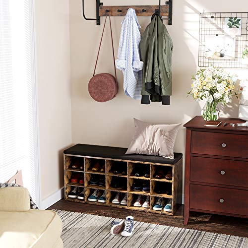 VASAGLE Banco Sapateira com Almofada, 15 Compartimentos, 105 x 30,3 x 48 cm, 1 Peça, para Hall de Entrada, Castanho Rústico e Nogueira, Custos BRLHS15BX