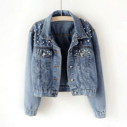 HJuyYuah Women's Blue Long Sleeve Denim Jacket Pocket Beading Casual Short Outwear Coat