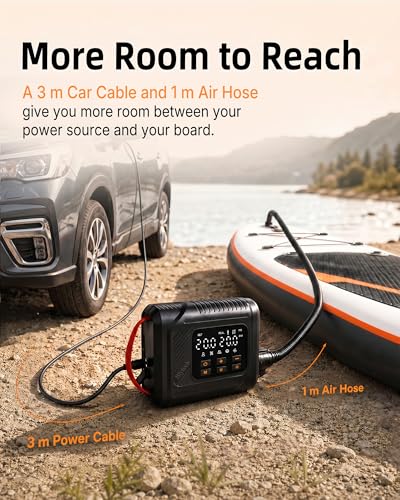 12V DC Paddle Board Pump, Electric Portable SUP Air Pump with Car Cigarette Lighter, Preset Pressure & Auto-Off, Dual-Stage Fast Inflate/Deflate, 20 PSI Max, 7 Nozzles for Paddleboards, Kayaks, Boats | 12V vehicle-powered SUP pump with dual-stage inflation, preset pressure and auto shut-off up to 20 PSI.