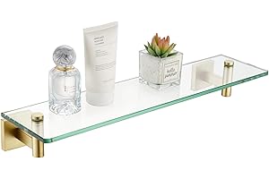 KOKOSIRI Wall Shelves Floating Shelf 20-Inch Stainless Steel Bathroom Hardware Tempered Glass Kitchen Hanging for Storage/Room Decor Gold B1105BG-L20