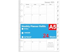 2026 Monthly Planner Refills, Two Pages Per Month,Jan 2026 to Dec 2026, A5 Size,5.8" x 8.25",8-Discbound，2026 Monthly Planner