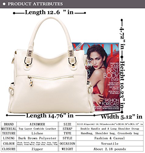 AINIMOER Womens Genuine Leather Vintage Tote Shoulder Bag Top-handle Crossbody Handbags Large Capacity Ladies' Purse (Cream White)
