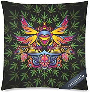 DemonCo DJ Skull Marijuana Cannabis Pillowcase Throw Pillow Case Cushion Cover Shams 18 x 18 Inches Two Sides, Botanical Green Plant Decorative Bedroom Home Decor