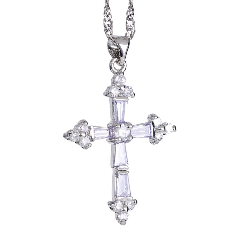 RIZILIA Crucifix Cross Pendant with 45cm(18") Chain & Trapezoid Cut Gemstones CZ [Tanzanite] in 18K White Gold Plated, Simple Modern Elegance