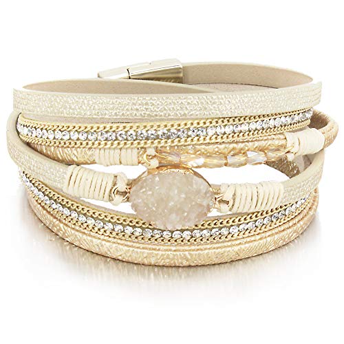 FANCY SHINY Gold 2 Wrap Bracelet Boho Jewelry Cuff Bracelet Crystal Bead Bracelet Rhinestone Handmade Bangle Braided Magnetic Clasp Bracelet Multi Strand Bracelet for Women Girl Men