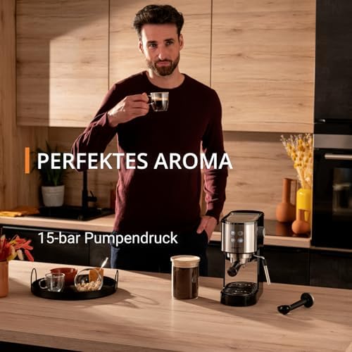 Virtuoso Essential Espresso-Siebträgermaschine, 15 bar, Edelstahl-Applikationen, schlankes Design, Bedienfeld mit 4 Funktionen, inkl. Barista-Zubehör, Edelstahl, XP441810