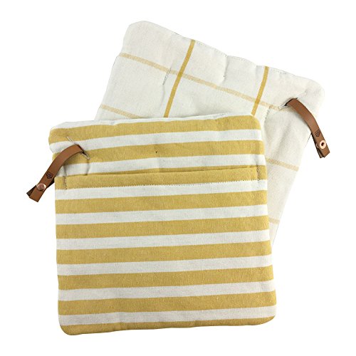Hearth and Hand with Magnolia, Striped and Grid Pattern Pot Holder (Set of 2) with Large Flour Sack Kitchen Dish Towel Set, Golden Yellow and White, 100% Cotton - Thumbnail 3