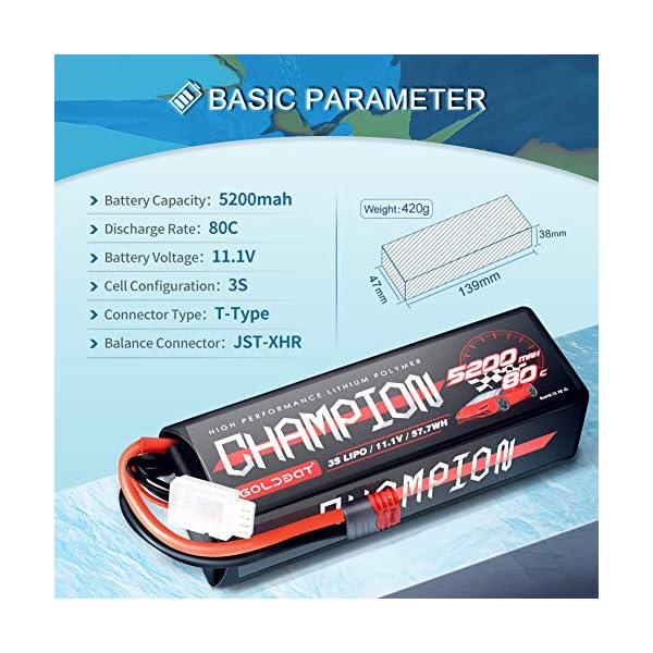 GOLDBAT 5200mAh RC lipo Akku 11.1V 80C 3S LiPo Batterie mit Deans Stecker für RC Car Evader BX Auto LKW Truggy Buggy… – Bild 3