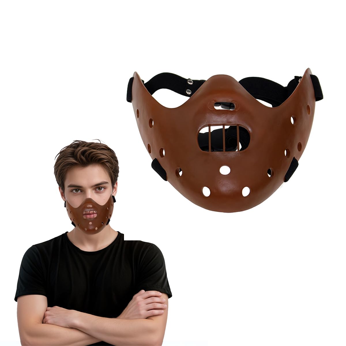 Photo 1 of Hannibal Lecter Mask The Silence of The Lambs Horror Movie Demon Mask Killer Costume Half Face Killer Prop for Halloween (Coffee)