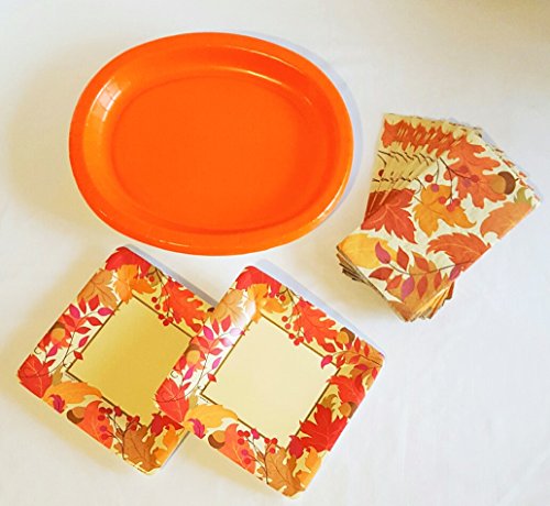 Thanksgiving/Fall Disposable Dinnerware Set for 16 Guests - Including Large Dinner Platters, Dessert Plates and Guest Towels