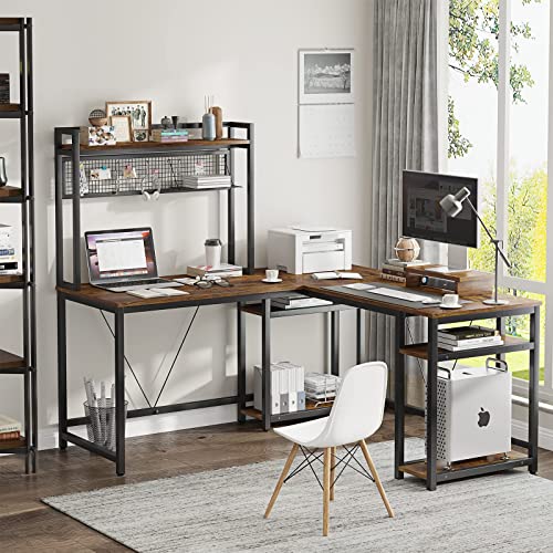 Sedeta L Shaped Computer Desk with Hutch and Storage Shelves/94.5 Inch
