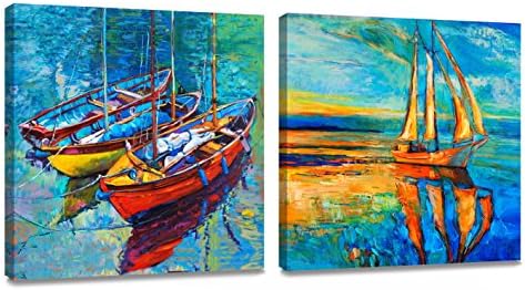 ArtKisser Original Modern Abstract Hand Painted Landscape Wall Art Boat Painting on Canvas HD Prints Wooden Framed Ready to Hang Home Decor for Living Room Corridors 12x12 inch 30x30 cm 2 panels