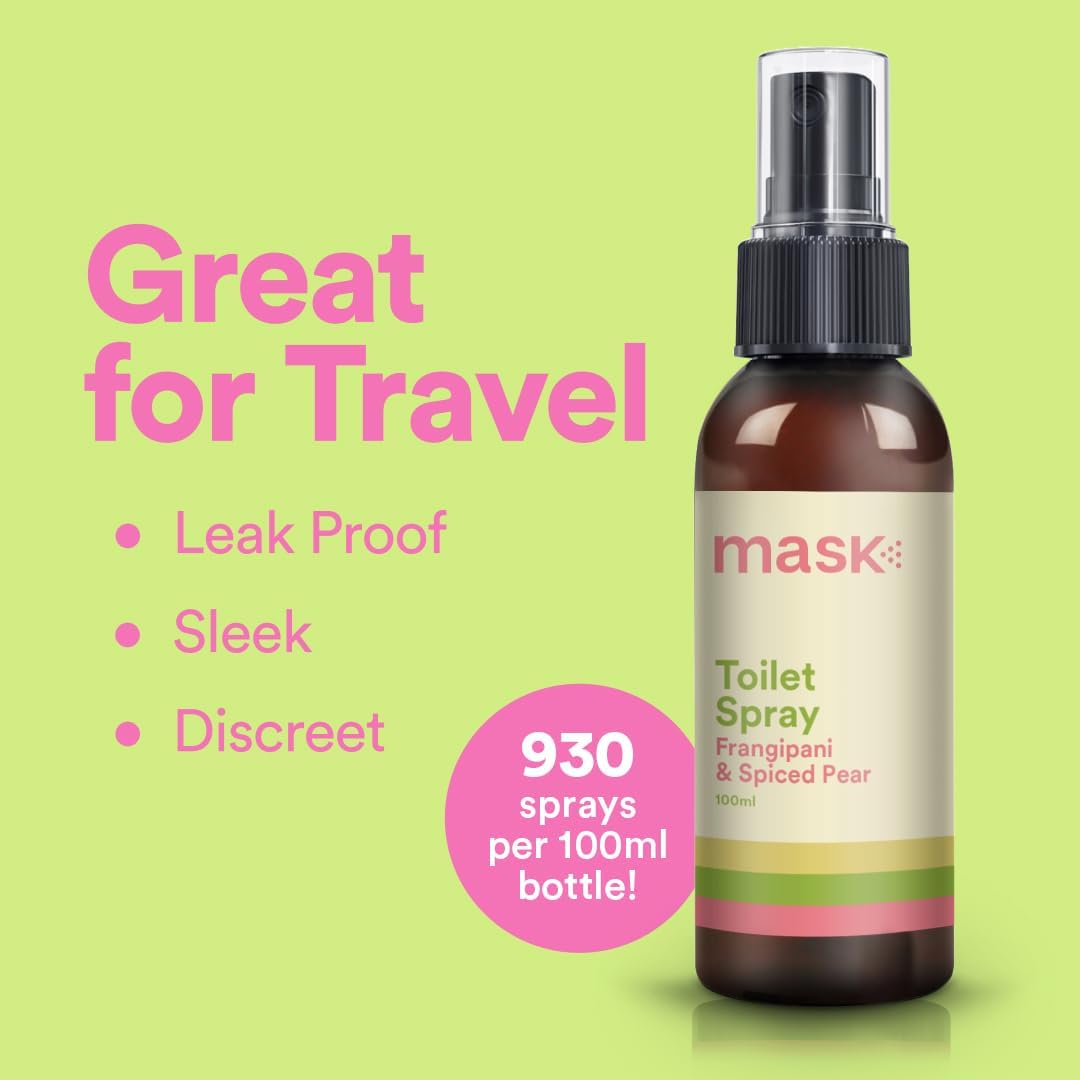 Mask Toilet Spray - Travel Size Bathroom Spray, Pack of 3, Odor Neutralizer Spray, Poop Spray Odor Eliminator, Bathroom Air Freshener, Bathroom Deodorizer - Frangipani & Spiced Pear Scent, 10.2 Fl Oz
