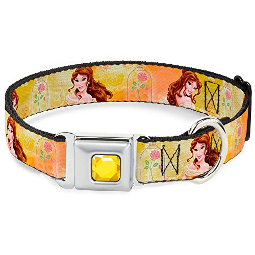 Buckle-Down Seatbelt Buckle Dog Collar - Belle Poses/Enchanted Rose/Story Script Yellow/Pinks - 1.5