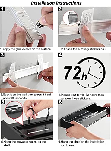 Bathroom Shower Shelf, No Drilling Aluminum Black Bathroom Shelves for Wall, Multifunctional Wall Mounted Adhesive Bathroom Shelf with Towel Rack & 4 Removable Hooks for Bathroom, Kitchen, Toilet