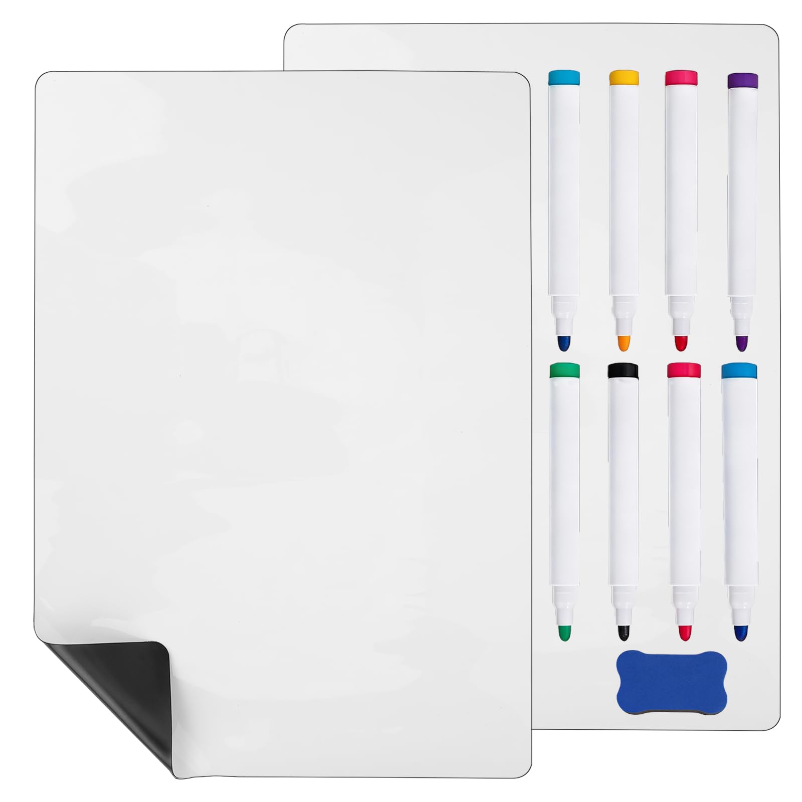 Hisredsun A3 2 Pcs Magnetic Dry Erase Whiteboard Sheet for Fridge,Small Magnet Fridge Message Boards with 8 Pens,2 Eraser,Reminder Sticker, Monthly Planner, Grocery List