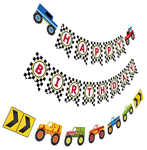 Monster Truck Birthday Banner, Cars Trucks Birthday Sign with Garland, Vehicle Boy Birthday Bunting