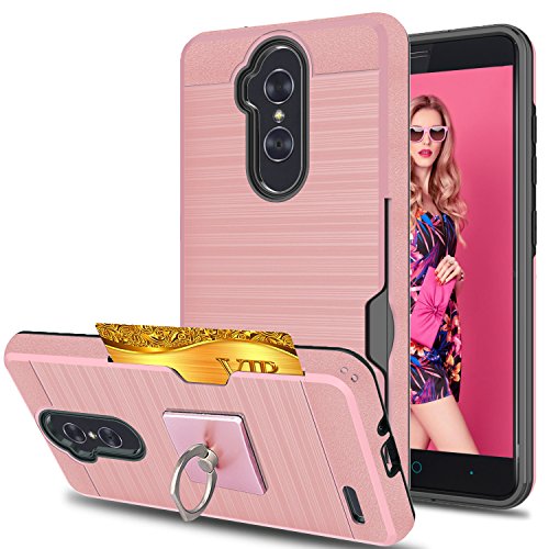 ZTE Imperial Max Z963U/ZMAX Pro Z981/Kirk Z988/Grand X Max 2/Max Duo LTE Case With Phone Stand,Ymhxcy [Credit Card Slots Holder] Dual Full-Body Shockproof Protective Cover Shell For Z981-LCK Rose Gold