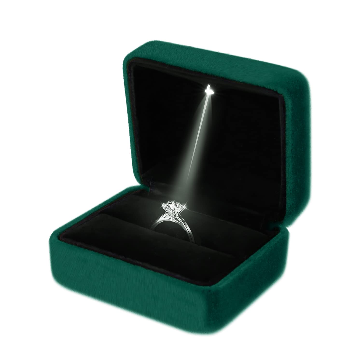 Velvet Ring Box LED Light Jewelry Gift Box Engagement and Wedding Ring Box for Presentation (Dark Green)