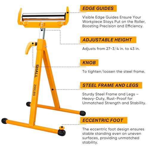 Shall Lot de 2 supports à rouleaux pliants – Capacité de charge de 113,4 kg – Hauteur réglable de 70 à 109 cm – Pour sciage à table – Travail du bois Servante à Rouleau