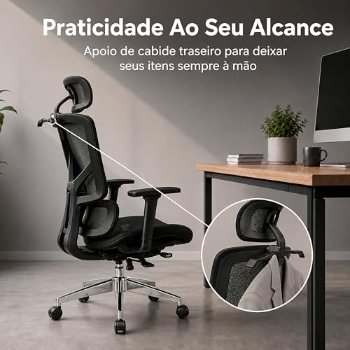 Laruno Cadeira de Escritório Ergonômica NR17 Giratória com Apoio de Pés Cadeira Gamer Presidente Suporte Lombar Adaptável Encosto Ajustável 6 Níveis Braço 3D Malha Mesh Respirável Suporta até 200kg