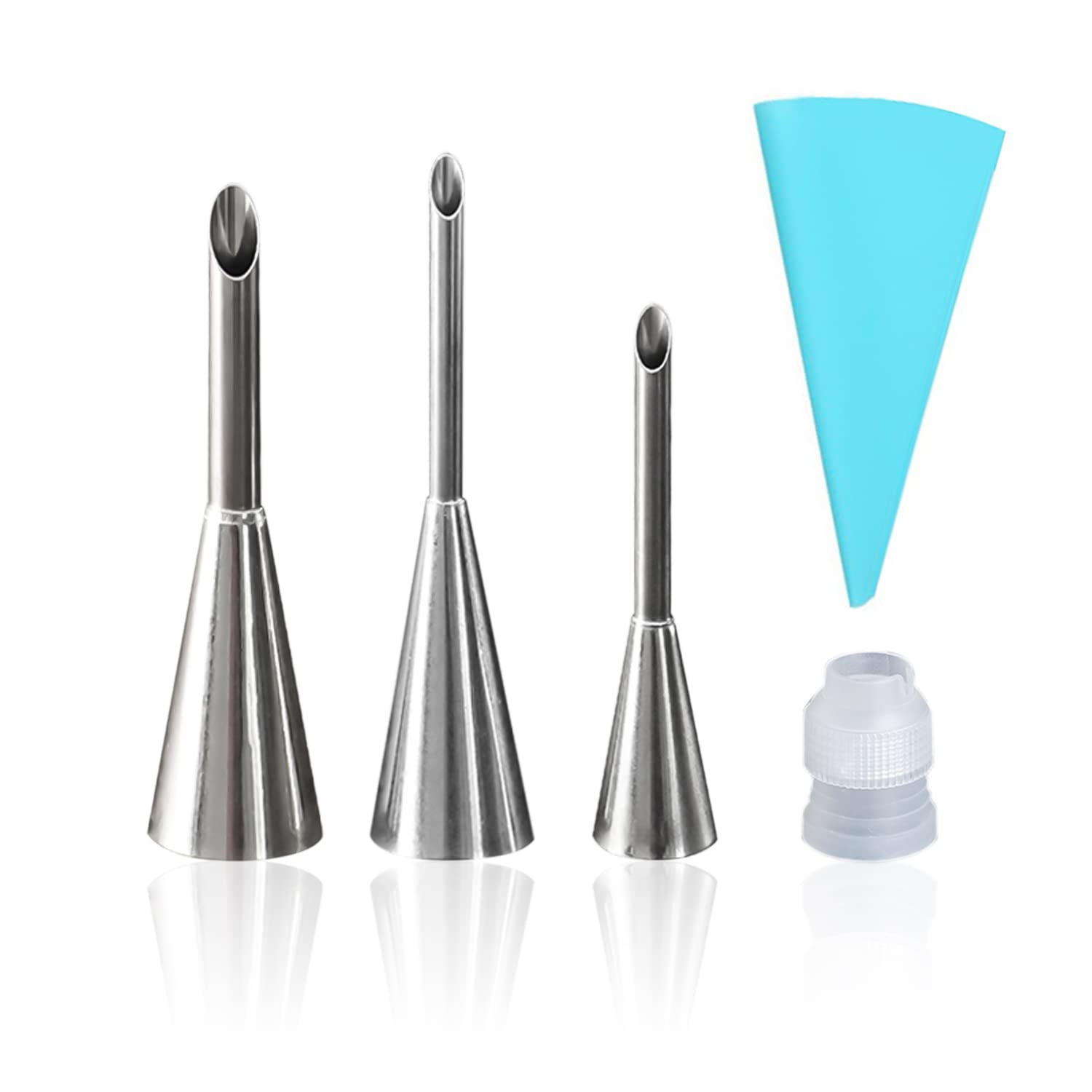 NINVVS 1 Set of 3 Pastry Sockets, Professional Stainless Steel Puff Cake Syringes, Cream Mouth Baking Tools, with 1 10-inch Pastry Bag, 1 Connector