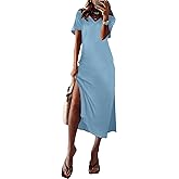 MARZXIN Women 2026 Casual Maxi Dress Short Sleeve V Neck Stripe Sundress Split Loose Long Summer Tshirt Activewear Dress