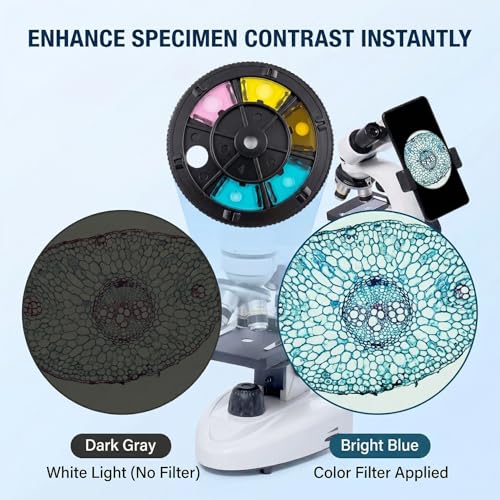 SELFIE CAT Professional Binocular Compound Microscope, 200X-5000X High Magnification, Educational Biological Microscope with Smartphone Adapter and LED Light, for Students Hobbyists