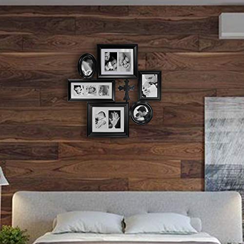 Jerry & Maggie - Photo Frame 28x28 Black Picture Frame Multi Selfie Gallery Collage Wall Hanging 6 Open Photo Sockets with Cross - Wall Mounting Design