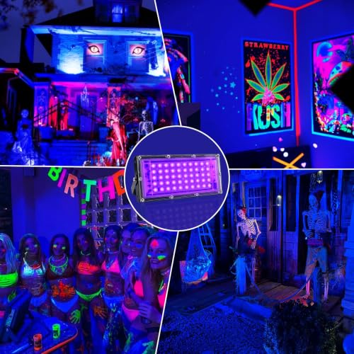 CREATESTAR LED Luce Nera 50W, Faro UV LED IP65 Impermeabile Faretto con 1,5m Spina, Lampada per Discoteca Festa Glow Acquario Bar Poster Fluorescente Halloween (1)