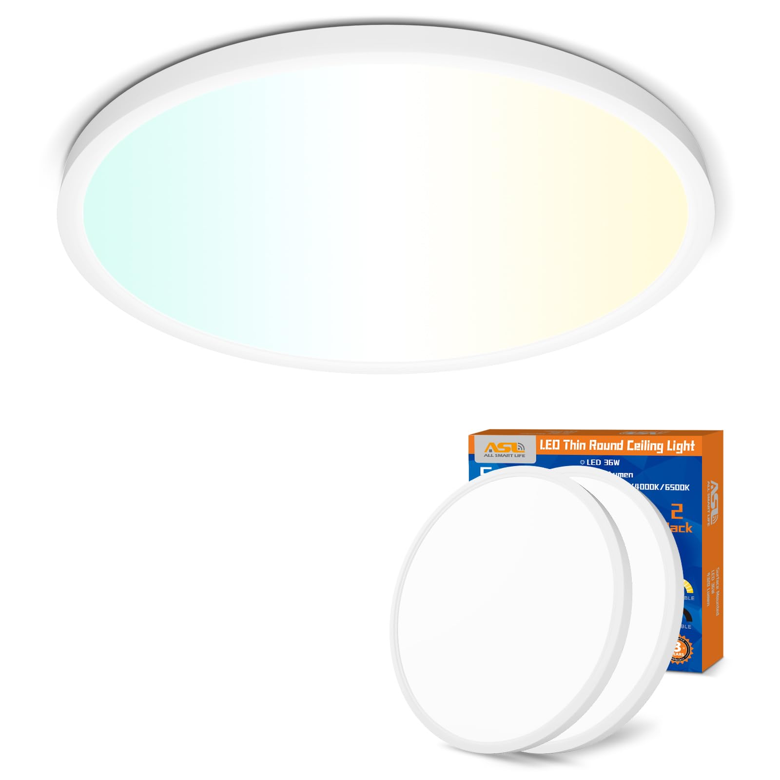 Allsmartlife Led Flush Mount Ceiling Light 2-Pack, 18 inch 36W 4650lm Dimmable Led Ceiling Light, 3000K/4000K/6500K, Round Led Light Fixture for Laundry Room, Hallway Image