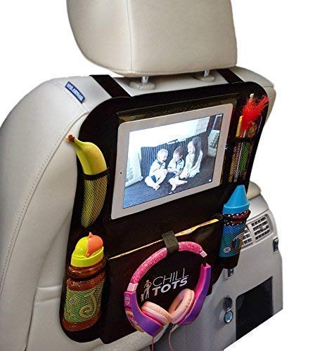 Chill Tots - Back Seat Car Organiser with 10.1" iPad Tablet Holder Touch Screen Kids Kick Mat Seat Protector Cover Universal Fit Multi Pockets Children’s Storage - Black