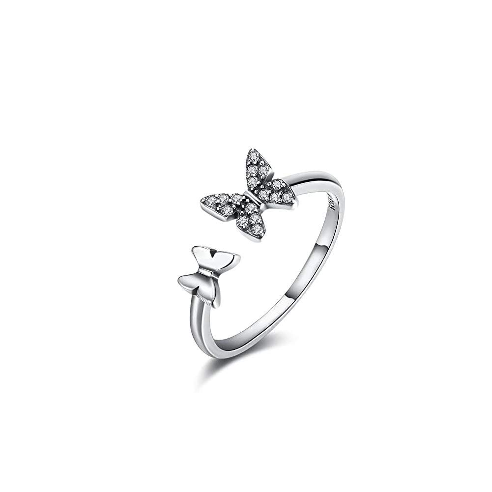 IMINI Sterling Silver 925 CZ Butterfly Ring Crystal Adjustable Open Rings Engagement Band Jewelry for Women Girls