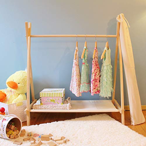 Clothing Rack, Nursery Decor, Dress Up Station, Kids Clothing Storage, FOLDS UP, 40x38 inch Tall Wooden Rack with Canvas Storage Shelf - Thumbnail 5
