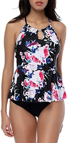 YOUCOO Women Two Pieces Tankini Retro Floral Swimsuit Peplum Push up High Waist Bikini Set