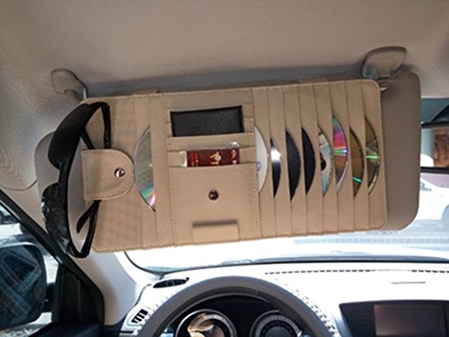Genuine Leather 10 PocketS Car Sun Visor CD DVD Organizer , Car Sun Visor Storage,CD Holder,CD Visor Organizer For Car with Glasses and Pen Holder (Beige)