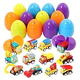 Acekid Easter Eggs Filled with Pull Back Vehicle, 12pcs Kids Cartoon Construction Cars Set, Easter Theme Party Favor, Easter Eggs Hunt, Basket Stuff Fillers for Boys & Girls
