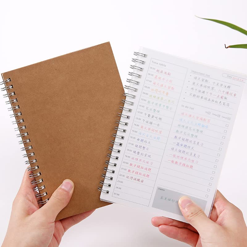 2 Psc (A5 Daily Planner Notebook + Monthly Planner Notebook) Kraft Paper Schedule Planning Diary Spiral Organizer Notebook Office Supplies, 96 Pages, 7.48''X5.1''