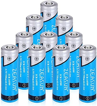 14500 3.7V Li-ion Batteries Zeasun 10 Pack PTC Protected Lithium Rechargeable Battery Button Top for LED FlashLight,Headlamps 750mAh