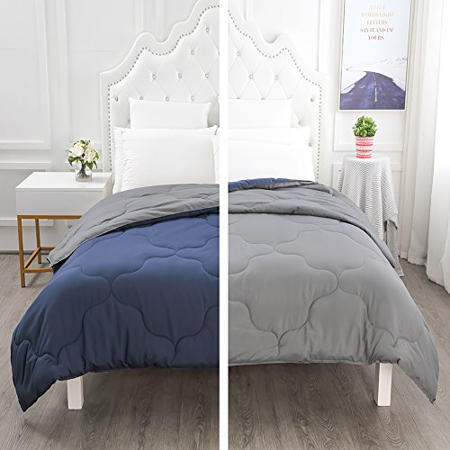 YGJT Comforter Set Queen Reversible Down Alternative Comforter Duvet Insert Thin Quilt for Spring Summer Autumn Lightweight Washable Navy Blue Grey Cloud Stitched 90 x 90 inch