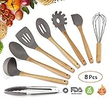 Silicone Kitchen Utensil Set - 8PCS Cooking Utensil Set - Cooking Utensils With Natural Bamboo Wood Handle For Nonstick Cookware,Best Kitchen Tools For Gift,Grey