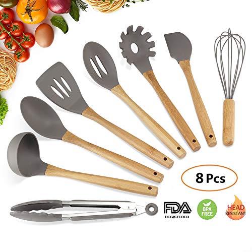 Silicone Kitchen Utensil Set - 8PCS Cooking Utensil Set - Cooking Utensils With Natural Bamboo Wood Handle For Nonstick Cookware,Best Kitchen Tools For Gift,Grey