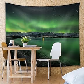 View of The Mountains and The Green Northern Lights - Fabric Tapestry, Home Decor - 51x60 inches
