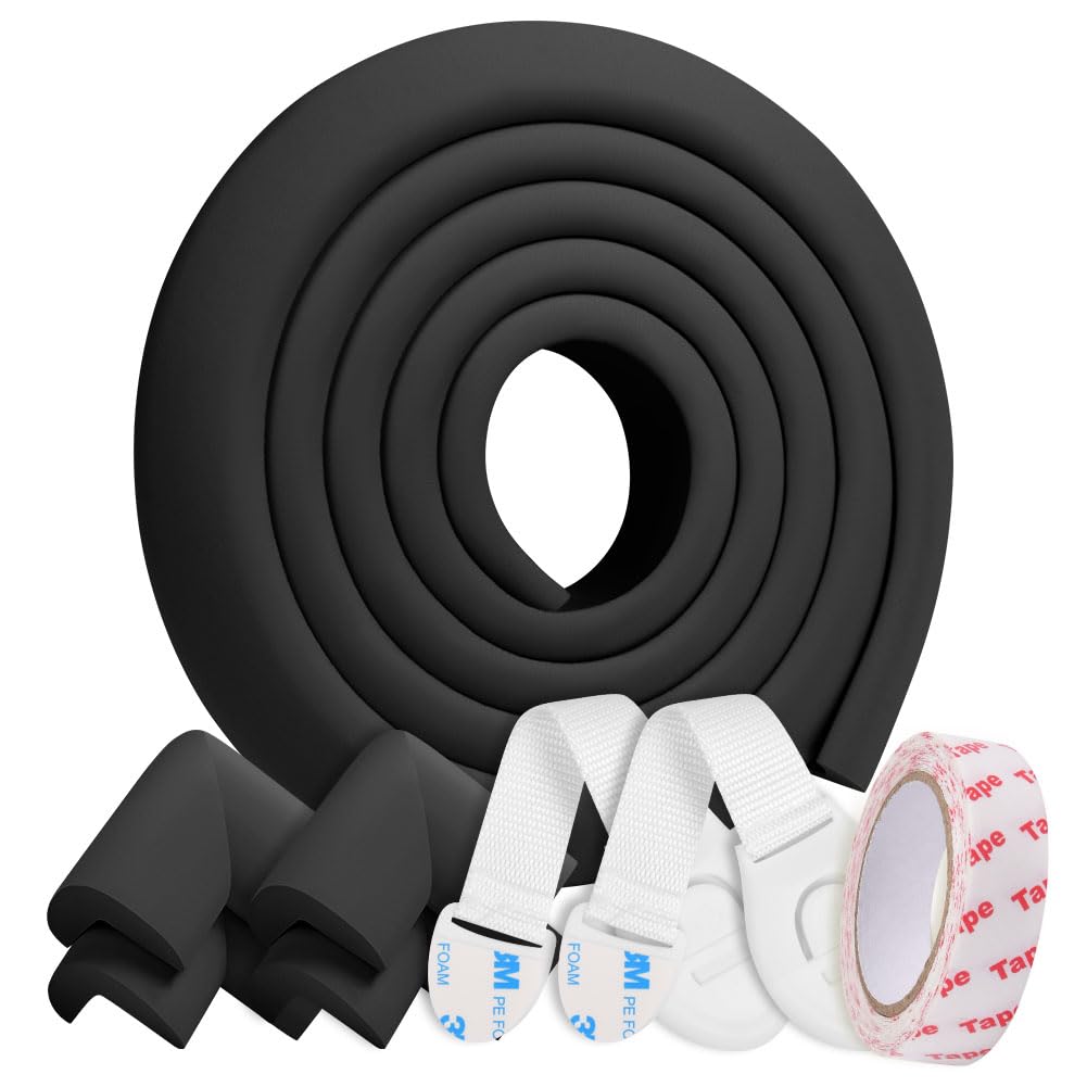 HOTUT Baby Proofing Foam Edge Guard, 2M Baby Edge & 4 Corner Guards, Furniture Table Edge Protectors Foam Baby Safety Bumper Guard, Black Childproofing Protection, Pre-Taped Corner Cushions