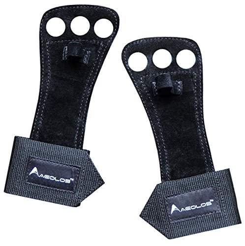 AEOLOS 3 Hole Leather Gymnastics Hand Grips with Wrist Wraps and Carry Bag, Small, Black