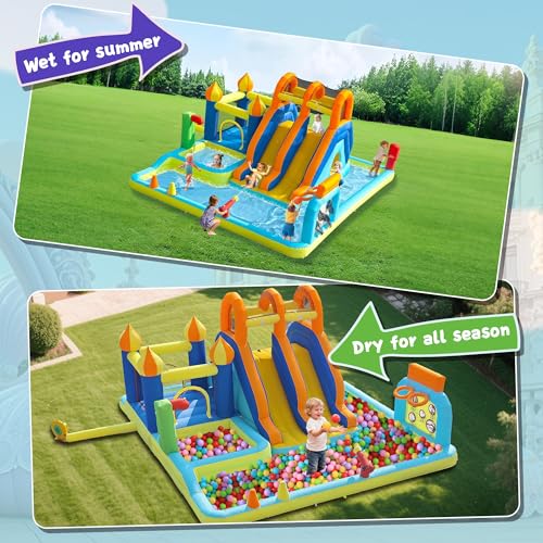 HIJOFUN Blow Up Water Slides Two Long Slides Jumping Bouncy Castle for Kids Outdoor Inflatable Bounce House with 680W Blower for Kids Backyard